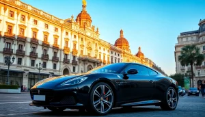 Experience cheap car rental with driver Madrid in a luxurious black vehicle amid Madrid's stunning architecture.