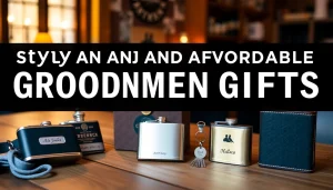 Showcase a variety of cheap groomsmen gifts, including personalized flasks and keychains, beautifully arranged for an elegant presentation.