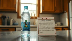 Fiji water recall 2024 notice displayed next to a bottle, indicating contamination issues.