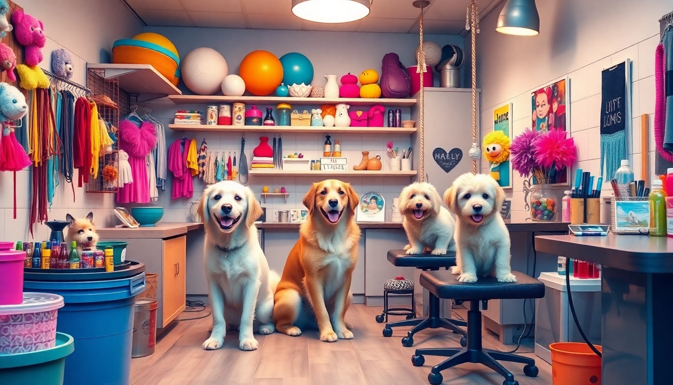 Pamper your pet in a vibrant grooming salon with happy pets receiving loving care.