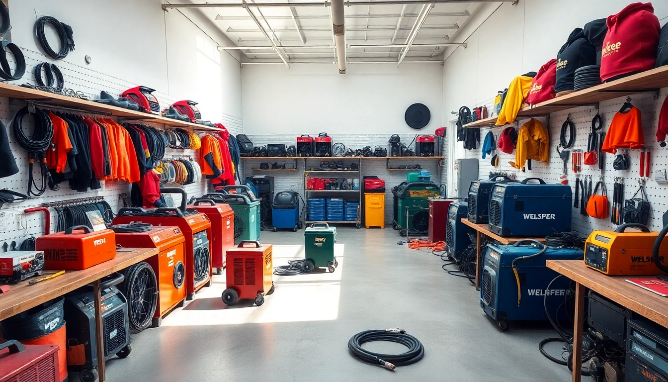 Purchase welding supplies near me at a well-stocked showroom featuring welding machines and safety gear.