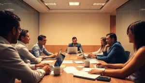 Outsourcing meeting with diverse professionals collaborating in a bright conference room.