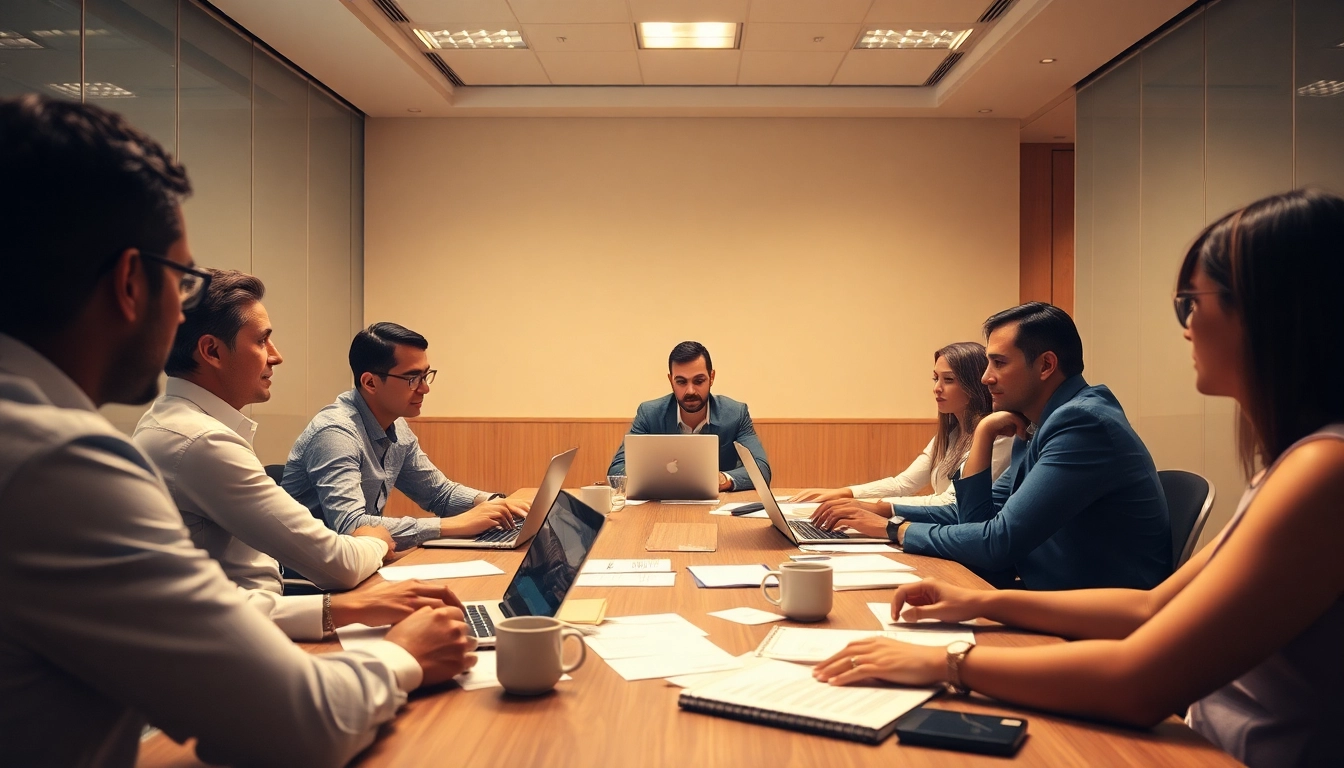 Outsourcing meeting with diverse professionals collaborating in a bright conference room.