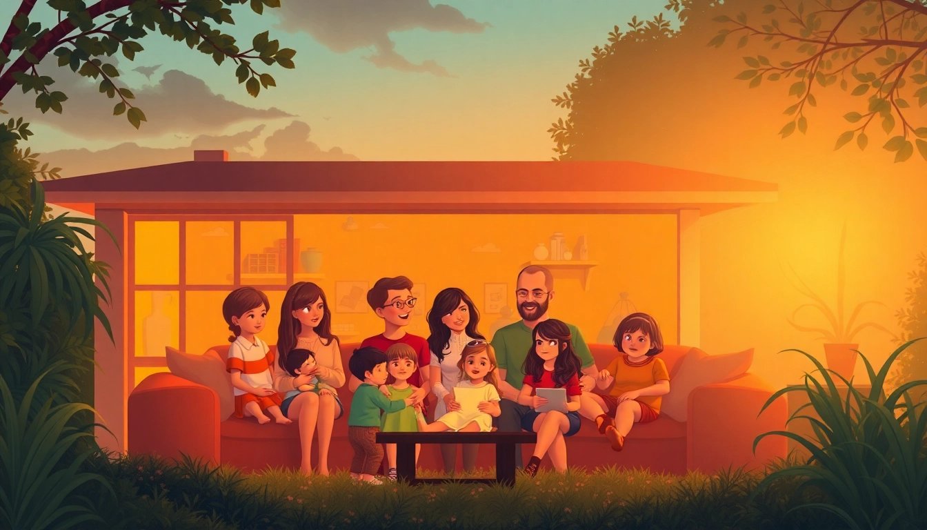 Here portrays a warm, nostalgic scene of families gathered in their cozy home, surrounded by nature.