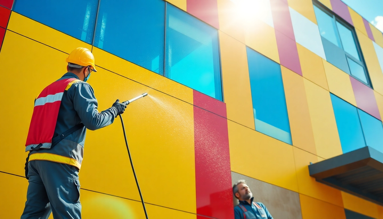 Professionals providing Business Facade Services while cleaning modern building exteriors.