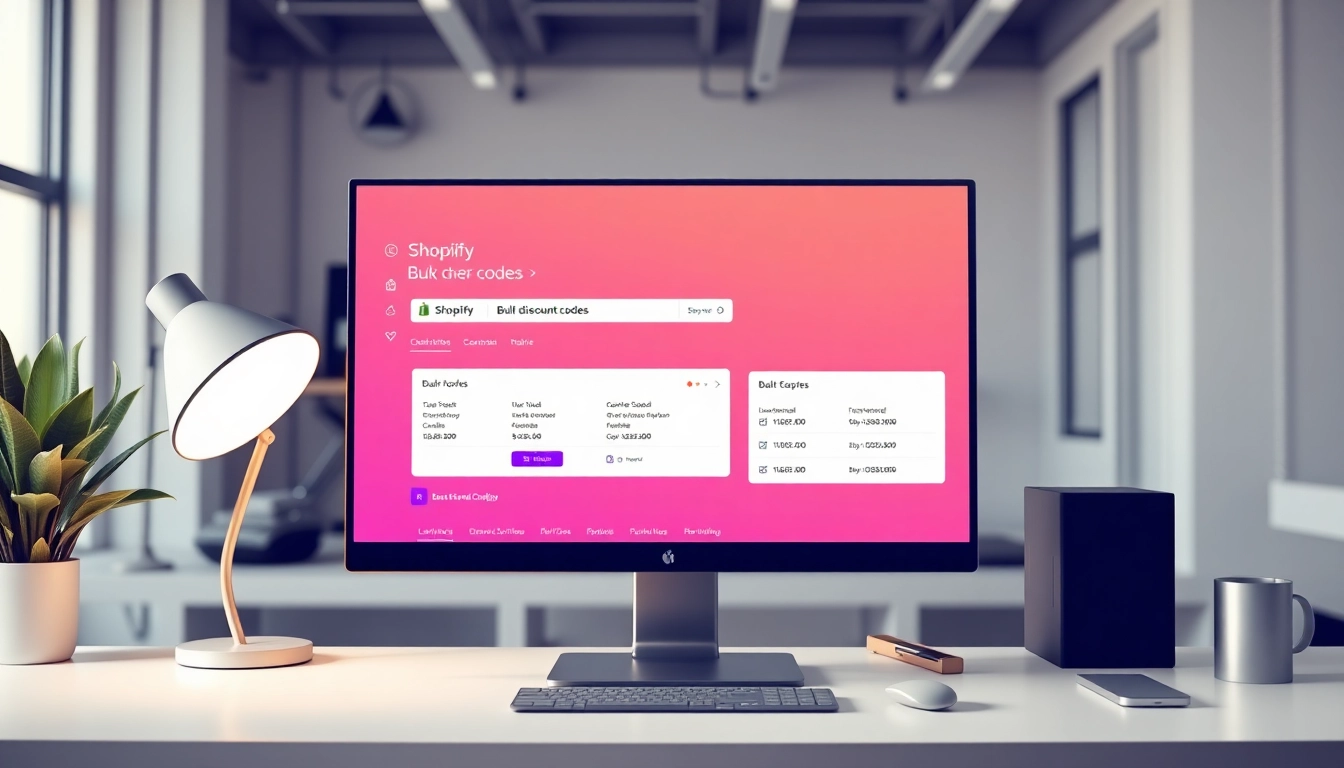 Create Shopify bulk discount code generator on a computer screen within a modern office environment.