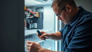 Technician performing soda cooler repair, showcasing intricate components and tools for accurate maintenance.