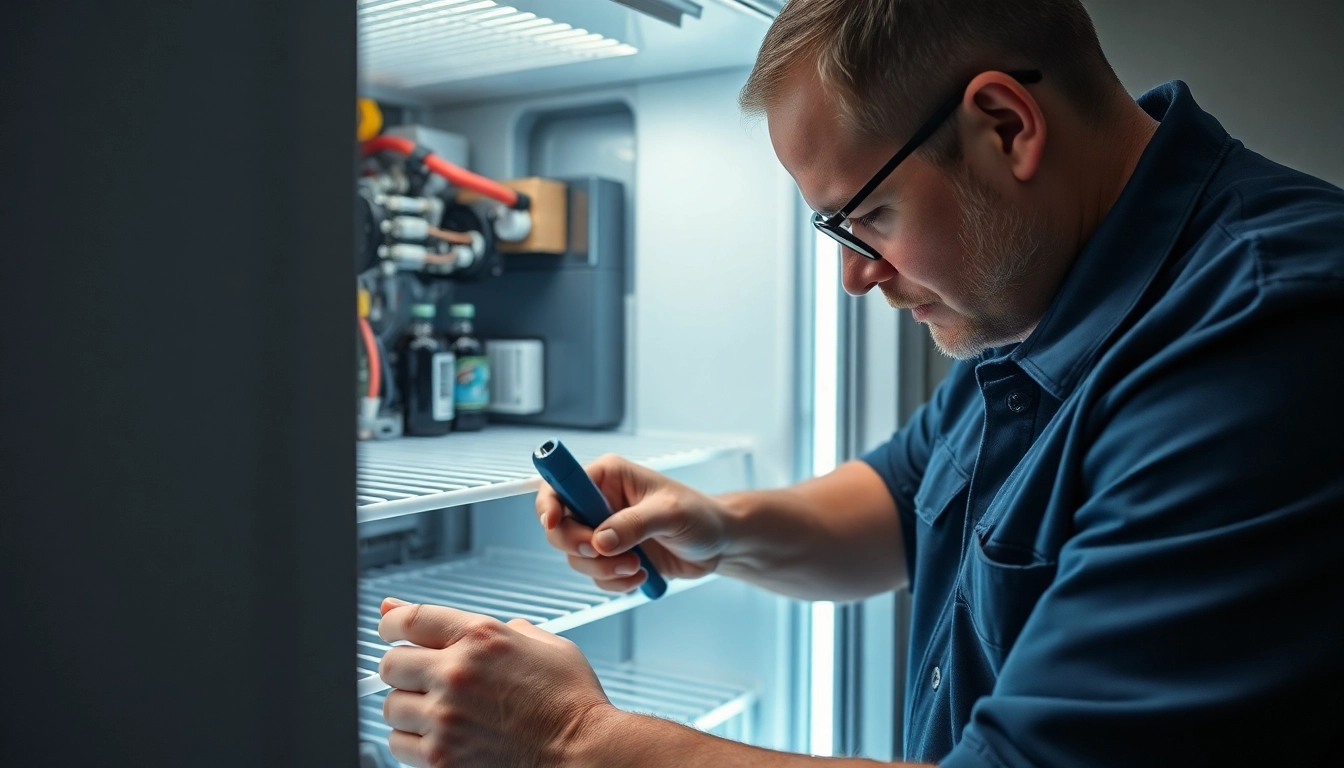 Technician performing soda cooler repair, showcasing intricate components and tools for accurate maintenance.