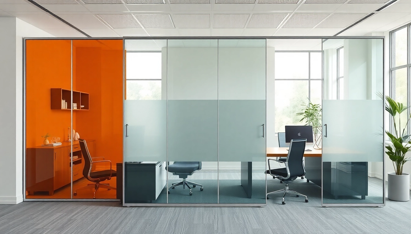 Showcasing movable glass partitions that enhance office aesthetics with natural light and modern design.