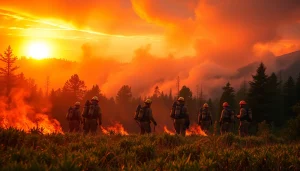 Firefighters managing wildfire events in a lush forest, showcasing teamwork and bravery against a dramatic sunset.