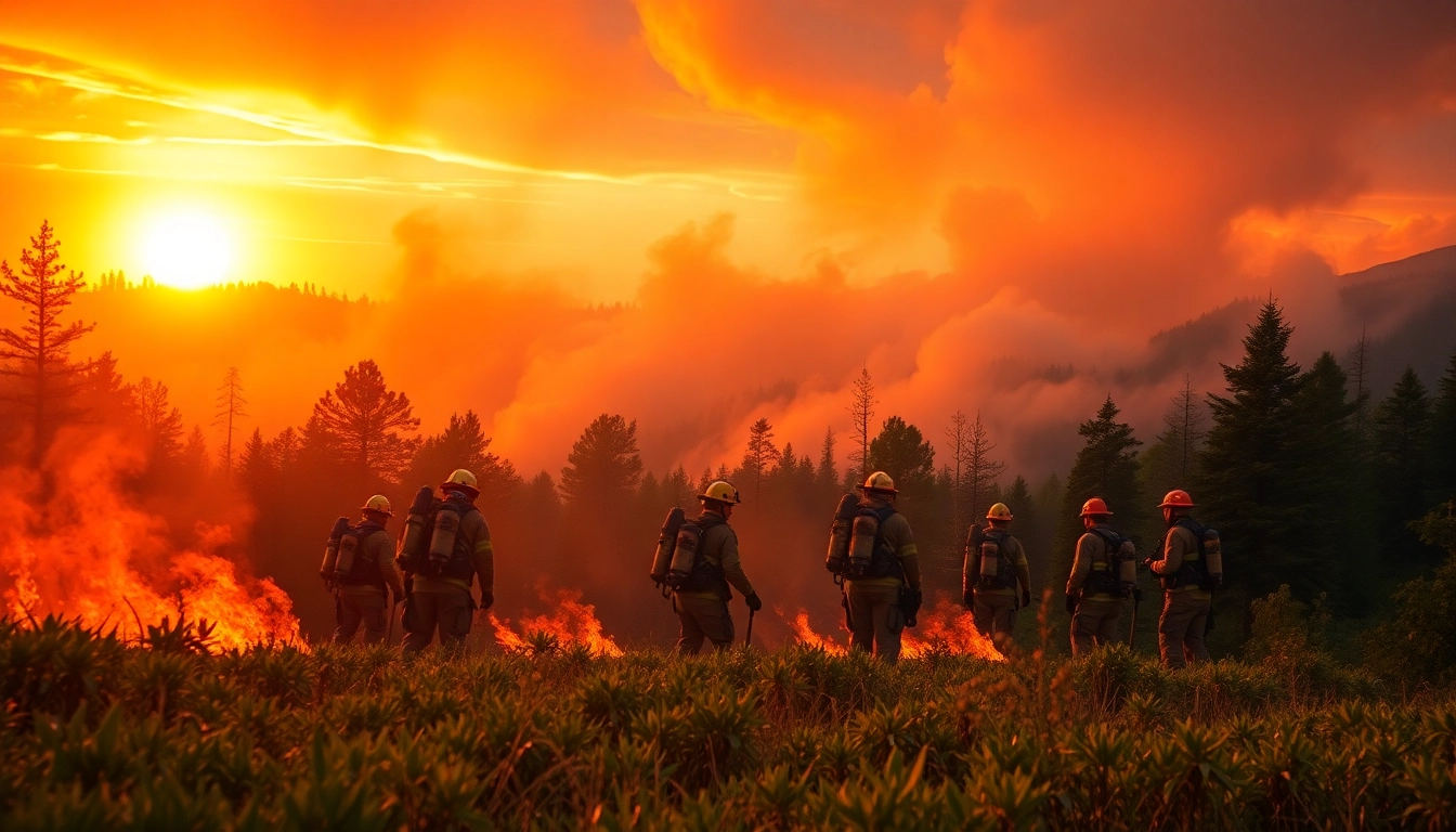 Firefighters managing wildfire events in a lush forest, showcasing teamwork and bravery against a dramatic sunset.