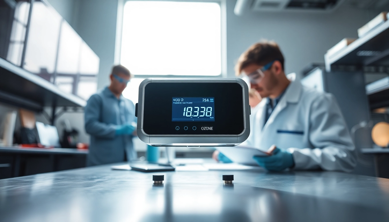 Ozone detector in a laboratory, showing digital readouts and sensors for monitoring air quality.