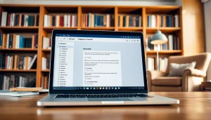 Using a plagiarism checker on a laptop screen in a well-lit study, showcasing an interactive report.