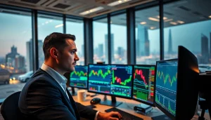 Analyze trade futures data on multiple screens in a dynamic trading office.