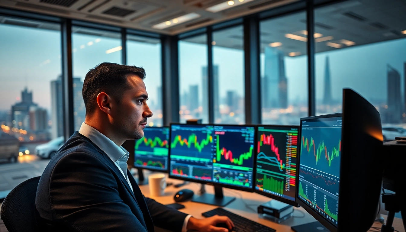 Analyze trade futures data on multiple screens in a dynamic trading office.