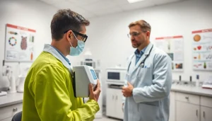 Demonstrating a drug impairment test in a clinical setting, showcasing safety equipment and testing devices.