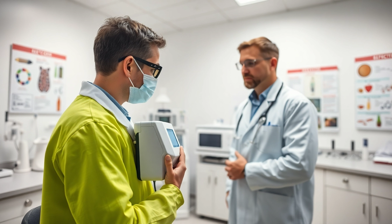 Demonstrating a drug impairment test in a clinical setting, showcasing safety equipment and testing devices.