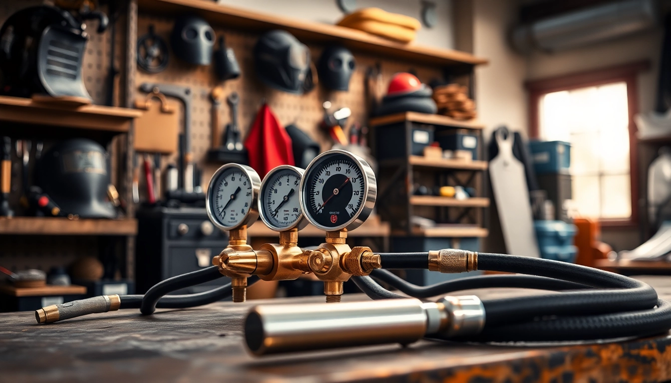 Showcase of an oxy acetylene welding kit featuring detailed brass components on a workshop bench.