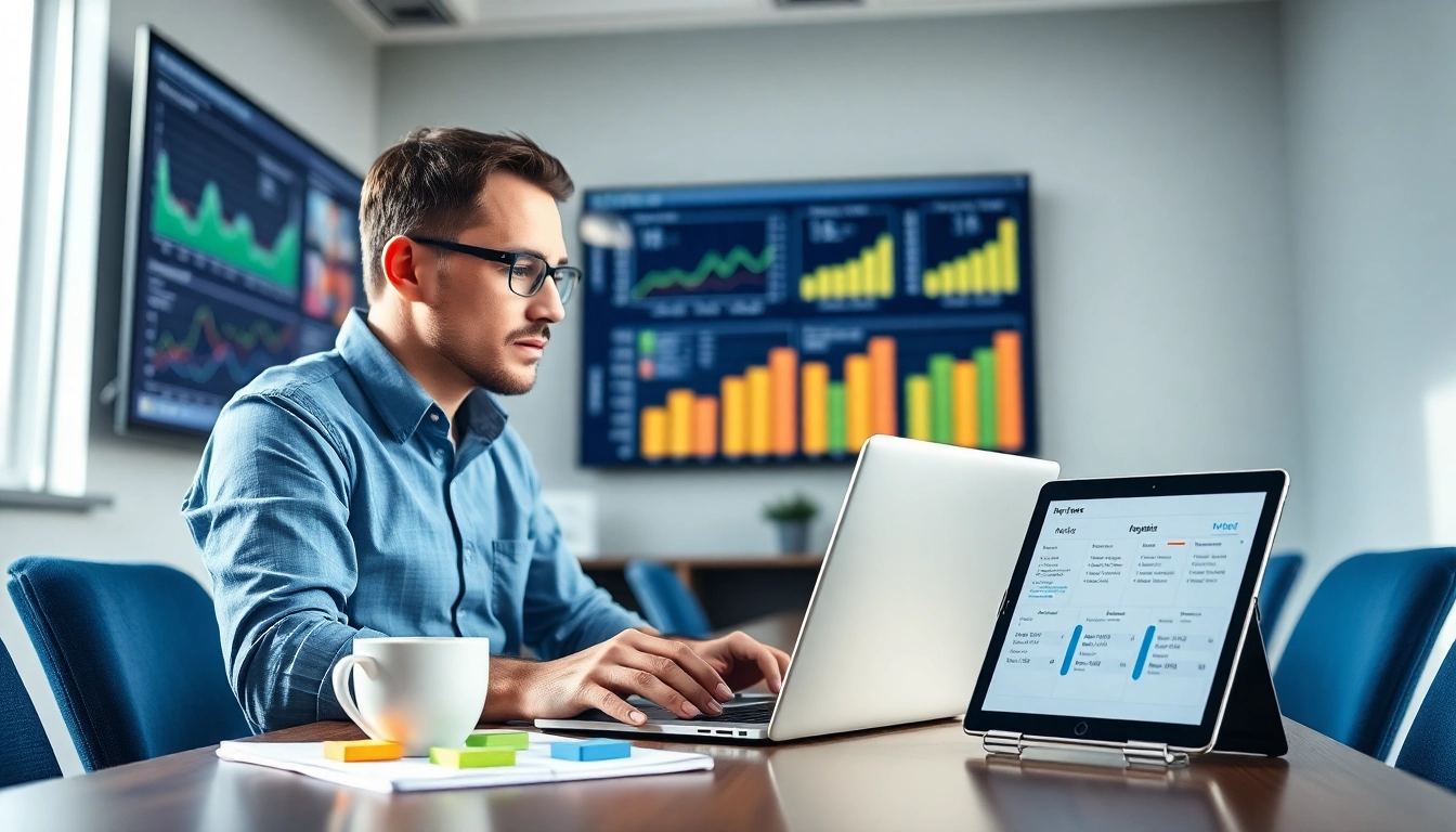Analyzing competitor pricing research data with graphs and charts in a modern office.