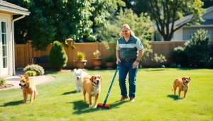 Dog poop cleaning service technician actively maintaining a clean yard, showcasing pet-friendly practices.