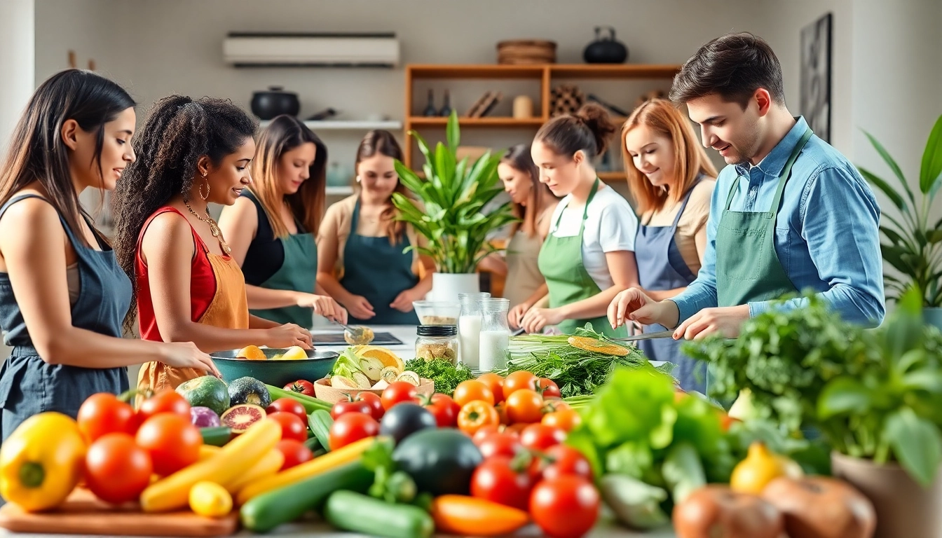 Learn holistic nutrition certification through hands-on training with diverse students in a vibrant cooking class.