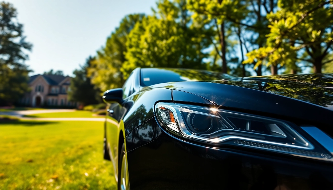 Experience premium car service Johns Creek with a luxurious black sedan in a serene suburban setting.