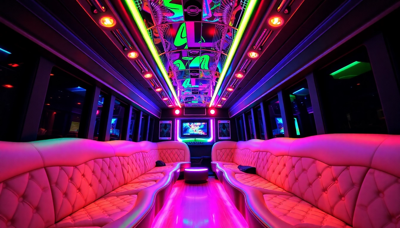 Enjoy a luxurious atlanta party bus ride featuring plush seats and vibrant lighting.