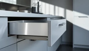 Showcasing a metal drawer system in action, highlighting its sleek design and smooth functionality.
