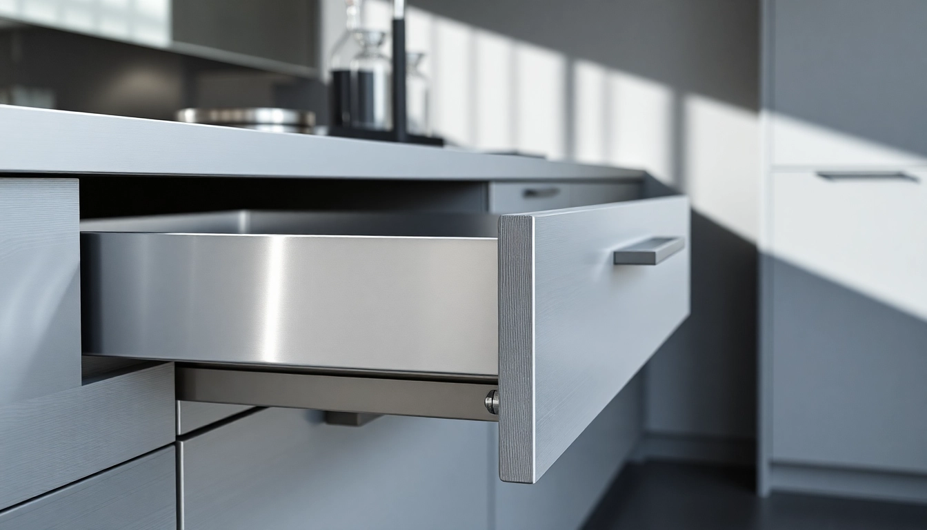 Showcasing a metal drawer system in action, highlighting its sleek design and smooth functionality.