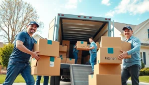 House moves in action as professional movers pack boxes into a truck.