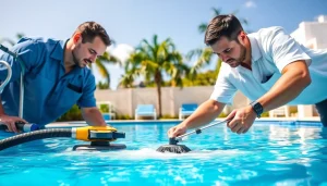 Pool service Largo technicians expertly cleaning a residential pool in sunny Florida.