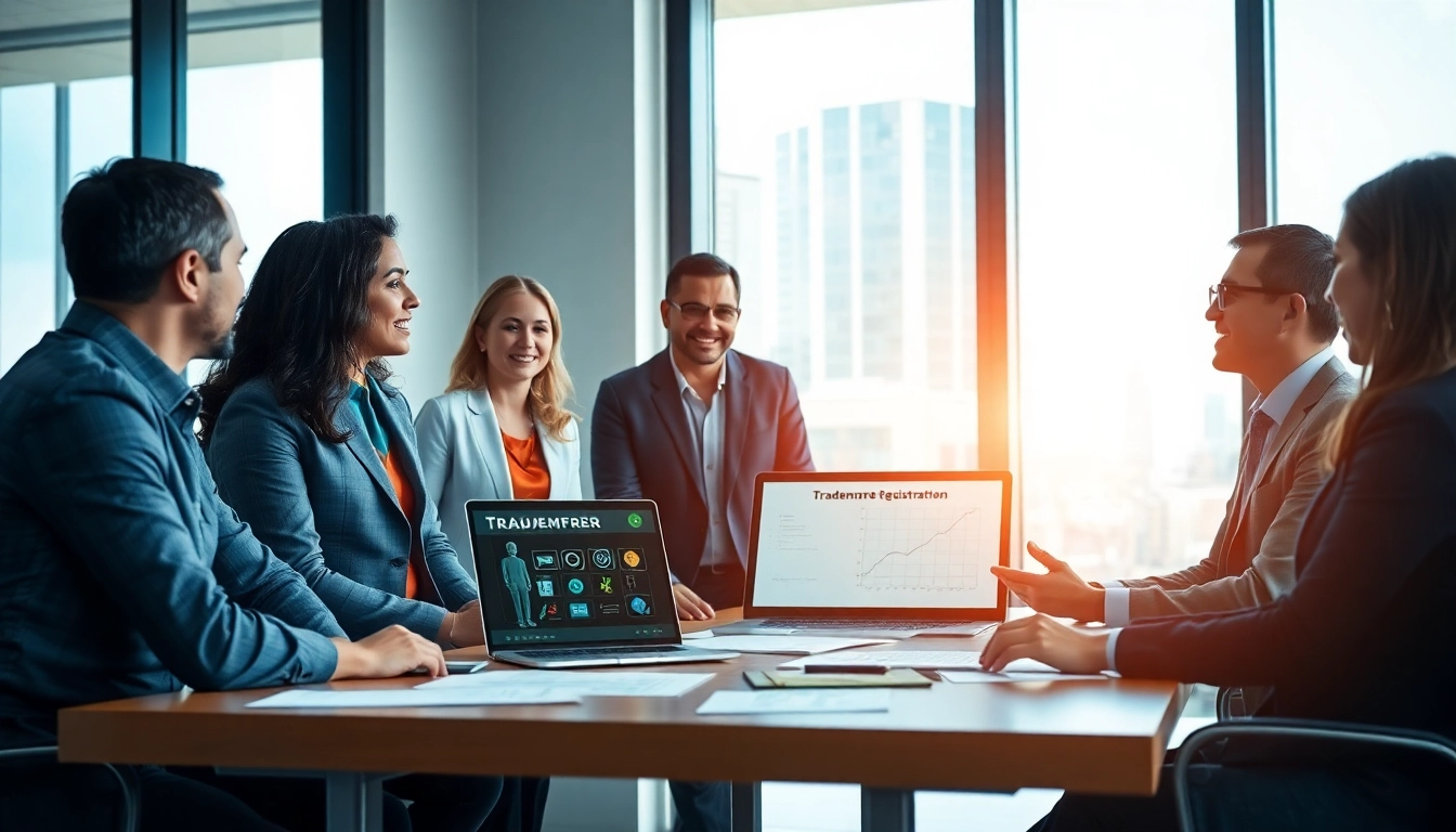 Discuss trademark registration in India and US with diverse professionals around a conference table.