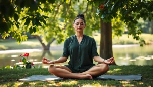Practicing mindfulness dealing with stress in a serene outdoor setting with lush greenery.