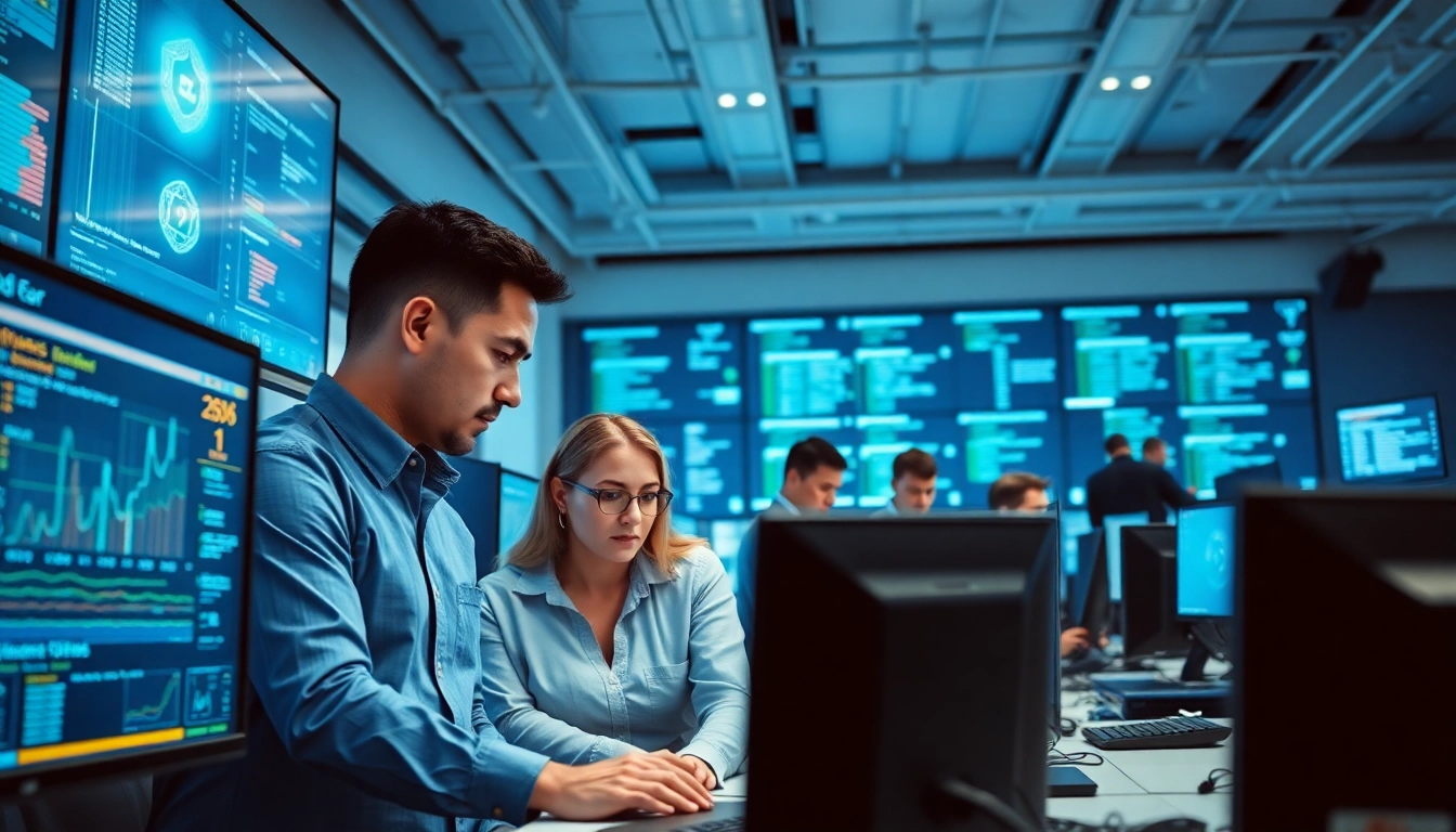 Team members of a cirt reviewing security data in a high-tech office.