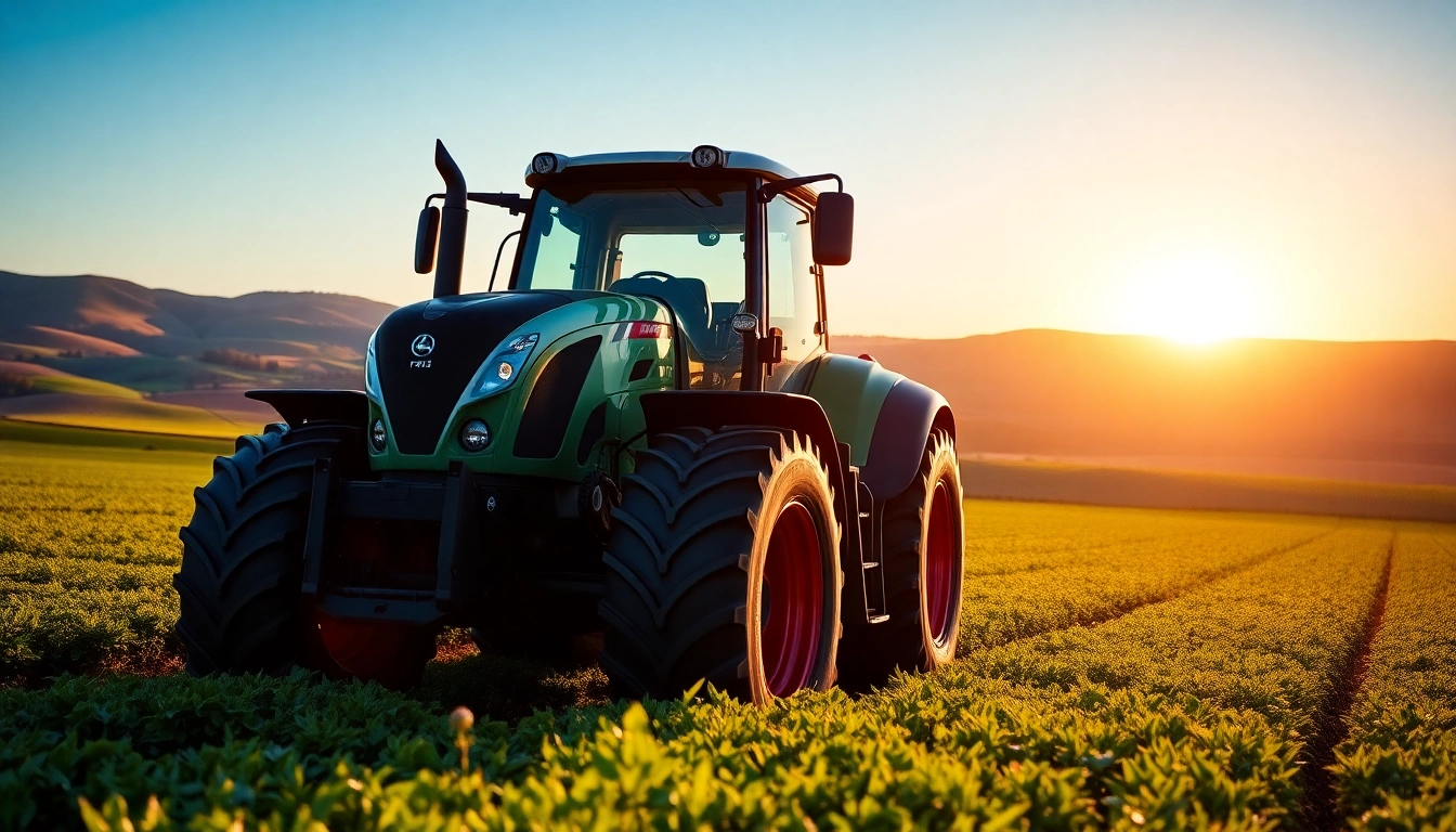 Fendt Traktor in einem landwirtschaftlichen Feld bei Sonnenaufgang, umgeben von sanften Hügeln.