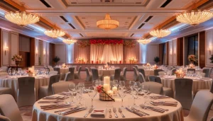 Host your next celebration at the stunning city venue event center with elegant table settings and warm lighting.
