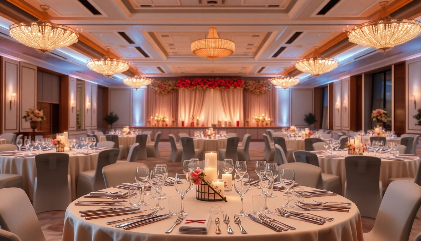 Host your next celebration at the stunning city venue event center with elegant table settings and warm lighting.