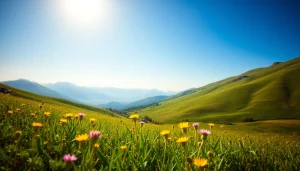 Admiring a serene display of landscape paintings featuring rolling hills and vibrant wildflowers.