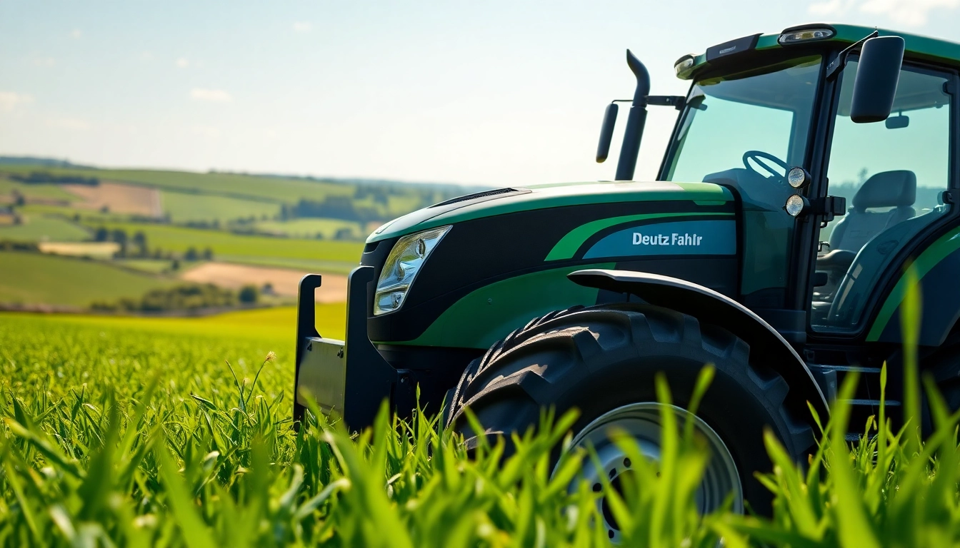 Deutz Fahr Tractor im Einsatz auf einem Feld mit fortschrittlicher Technik und grünem Hintergrund.
