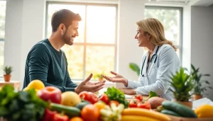 Engaging weight loss eating plans consultation highlighting nutritious foods and expert guidance.