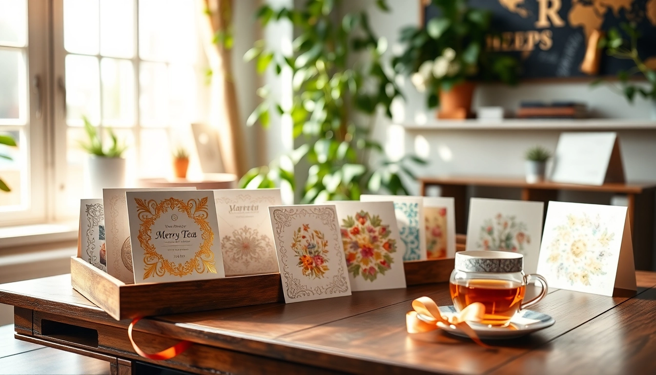 Showcase of premium greeting cards London in a cozy, elegantly arranged setting.