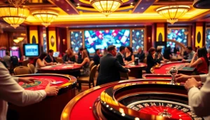 Experience the excitement at TPower casino with vibrant gaming tables and players engaged in thrilling games.