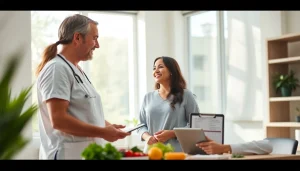 Discuss weight loss and management with an engaging healthcare provider in a bright clinic.