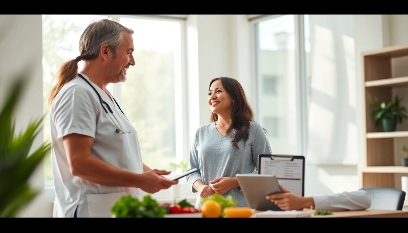 Discuss weight loss and management with an engaging healthcare provider in a bright clinic.