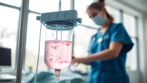 Administering IV Therapy in a professional clinic setting with bright atmosphere and caring nurse.