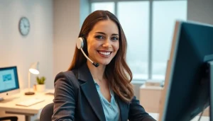 Engaging virtual answer service portraying a friendly receptionist in a modern office.