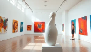 Visitors admiring the in lieu gallery's vibrant sculpture and artworks in an inviting atmosphere.