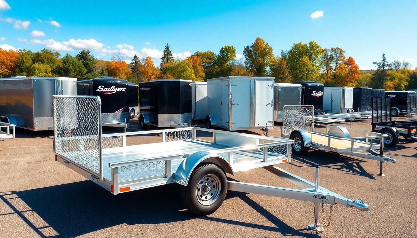 Browse trailers for sale in Massachusetts with diverse selections on display in a scenic outdoor setting.