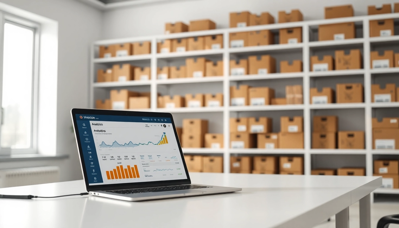 Optimize your Amazon FBA wholesale setup with a professional office environment featuring products and analytics.