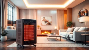Infrarotheizung kaufen in einem modernen Zuhause, betont durch elegantes Design und warmes Licht.